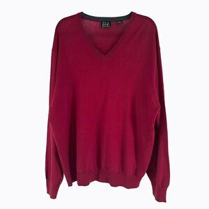 JOS A Bank Sweater SzXL 100% Merino Wool Burgundy Red Long Sleeve V-Neck Classic